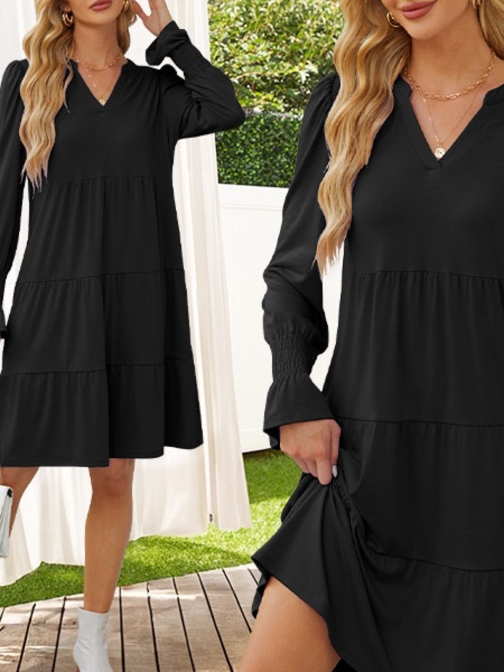 NWT  Women's Long Sleeve Midi V Neck Flowy Swing Ruffle Tiered Casual Dress